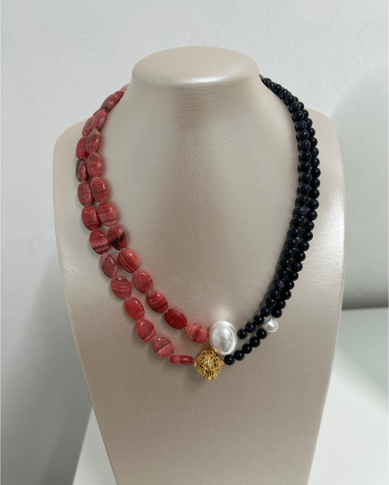 Blue Goldstone & Rhodochrosite W/Shell Pearl Necklaces Set
