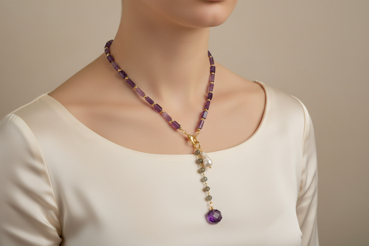 Amatista collar con perlas de agua dulce