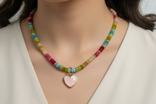 Corazon Sereno  a Rose Quartz Collection (collar multicolor con corazon cuarzo rosado)