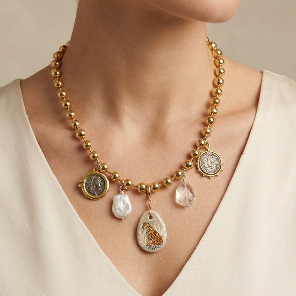 Collar 18k plated cuarzo, perla y charm removible