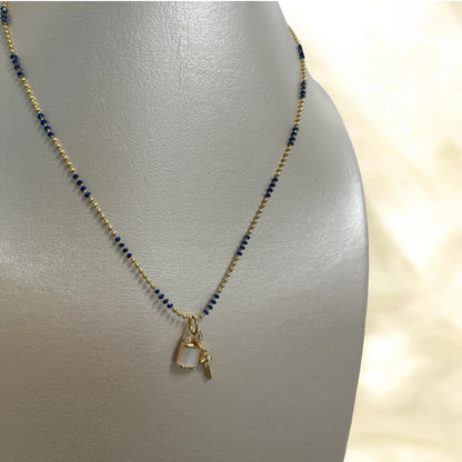 18k Gold&Blue Chain Necklace W/ Shell Key&Lock Pendant