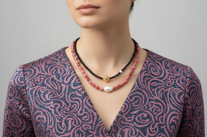 Blue Goldstone & Rhodochrosite W/Shell Pearl Necklaces Set