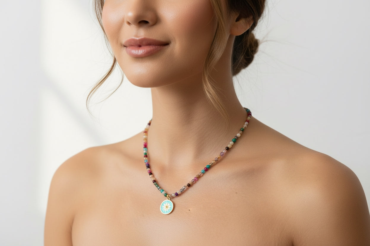 Multicolor ágata with flower pendant
