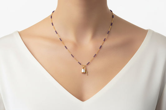 18k Gold&Blue Chain Necklace W/ Shell Key&Lock Pendant