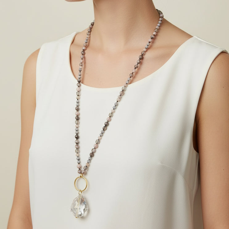 Collar ópalo rosado con cristal facetado