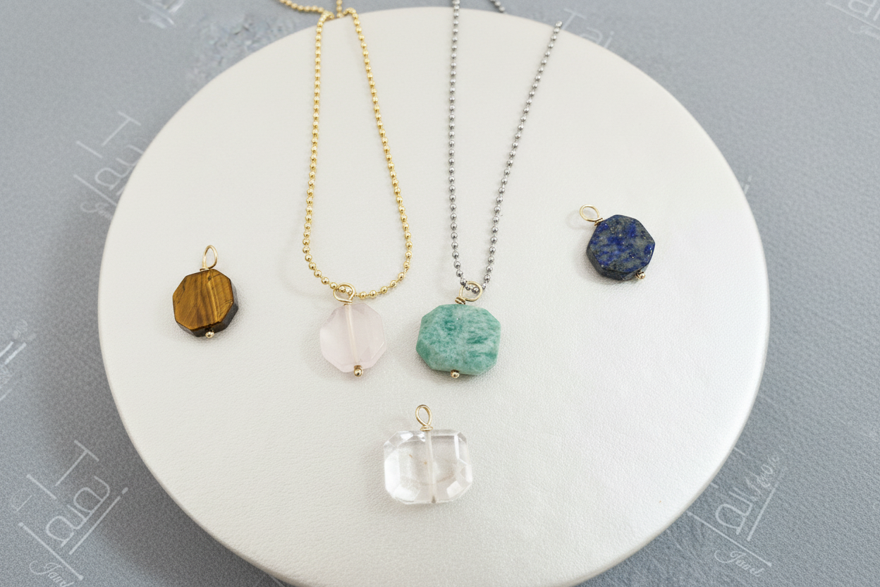 5 gemstone charms 2 necklaces silver/ gold