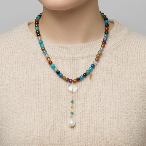 Collar en agata, cuarzo y Perla