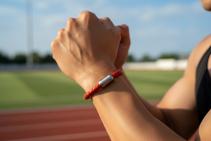 Orange braided leather bracelet, with a magnetic stainless steel clasp, 7.5”x6mm branded 'Tai Hero'.